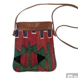 Vintage Kilim Purse Leather 90’s‎ Crossbody Boho Textile Tapestry Weave